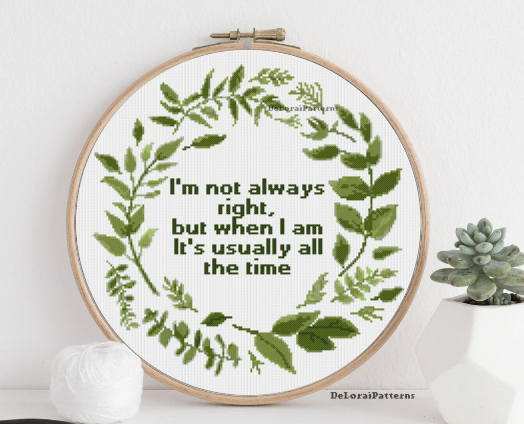 funny embroidery quote and floral leaf wreath pattern