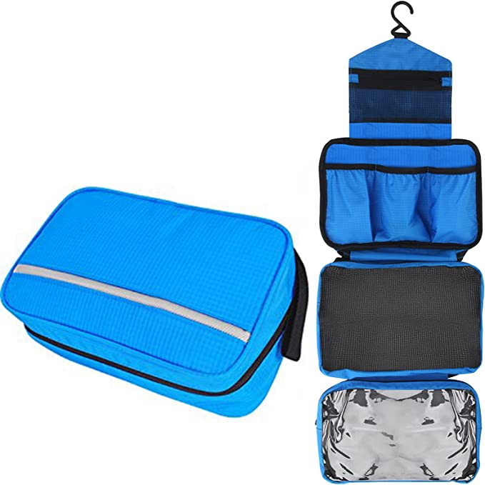blue toiletry bag closed and open