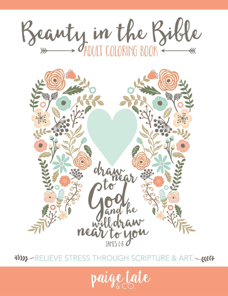 coloring book cover titled beauty in the bible with floral print in the shape of angel wings