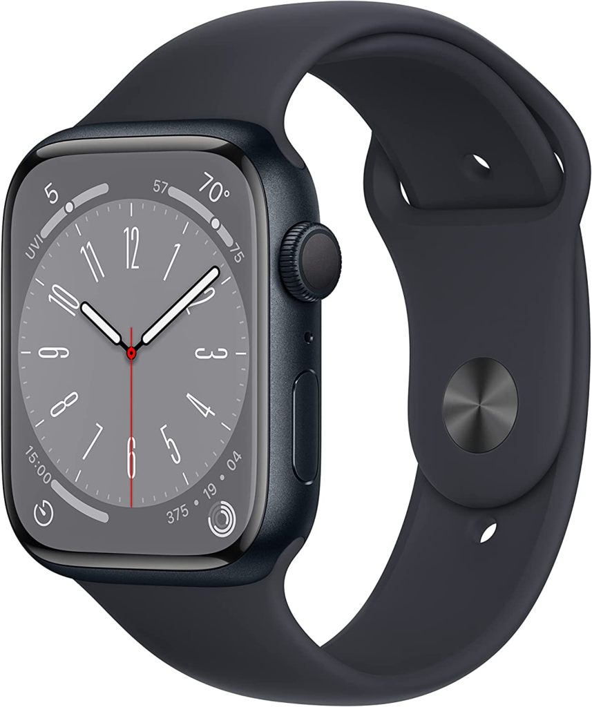 black apple watch series 8 with silicone band showing analog clock face