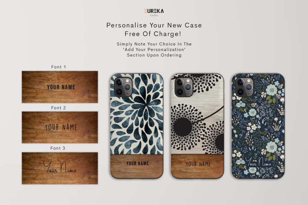 three iphone cases with blue and white floral pattern and engraved wood strip