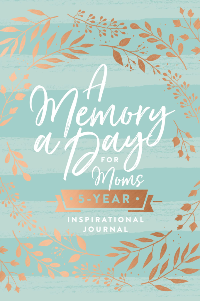 teal book cover with gold leaf graphics and title a memory a day for moms