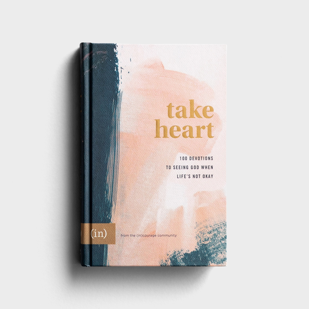 book cover with navy spine and pink watercolor titled take heart: 100 devotions to seeing God when life's not okay