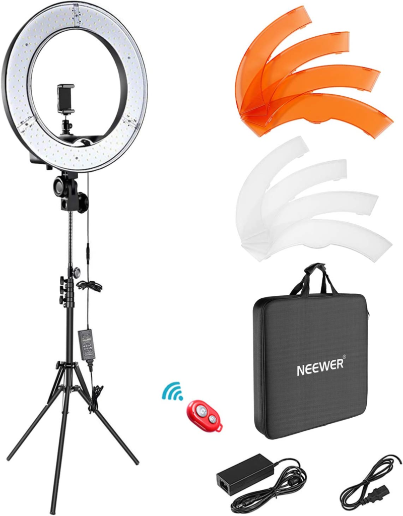 ring light on stand with color filters, cords, and carrying case