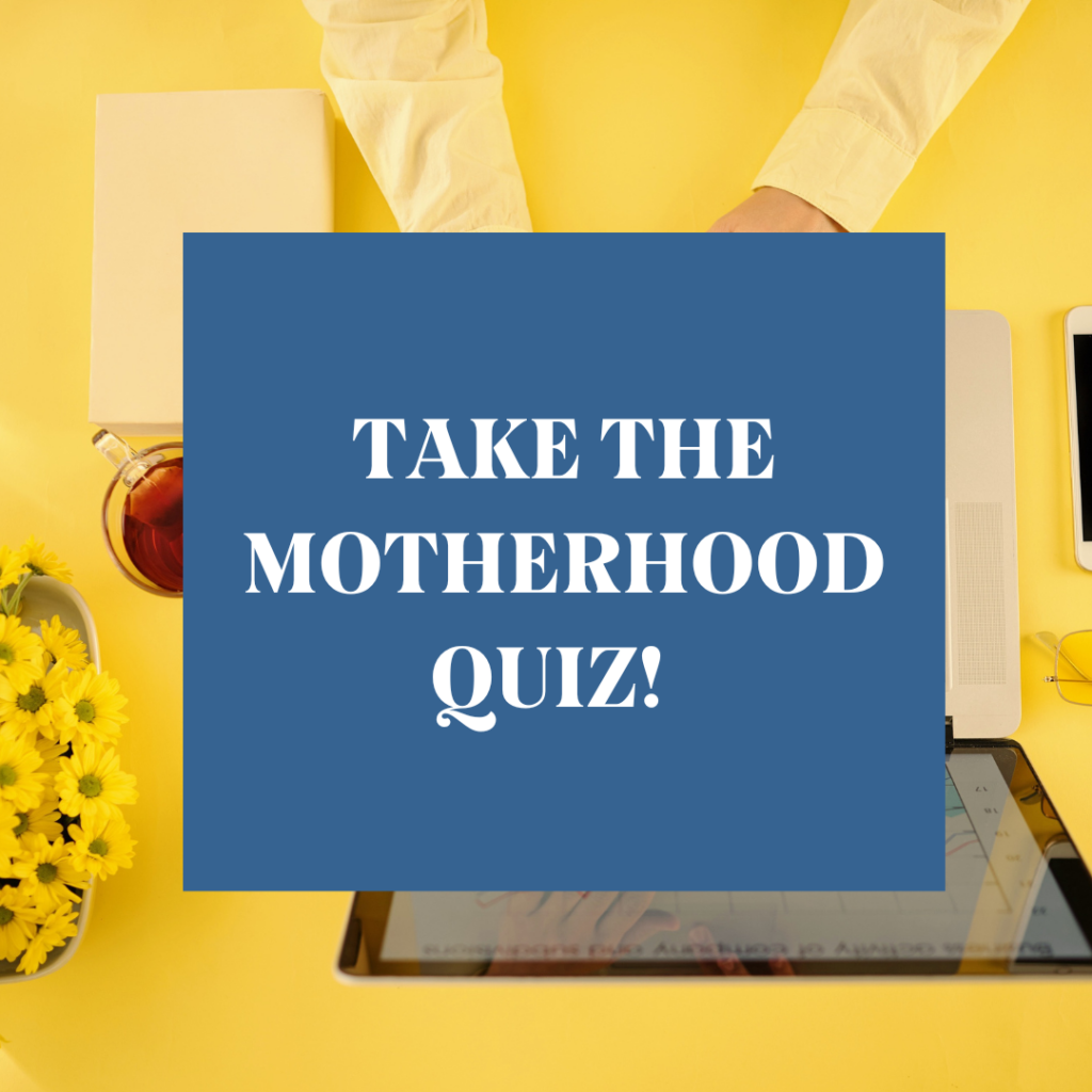 A bright yellow desk, cup of tea, daisies and a reminder to take the motherhood quiz.