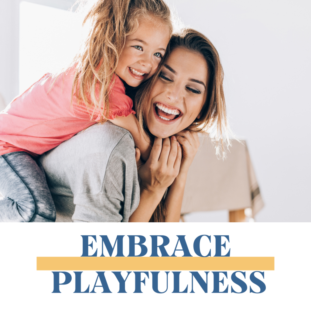 Smiling mother and daughter embrace playfulness.