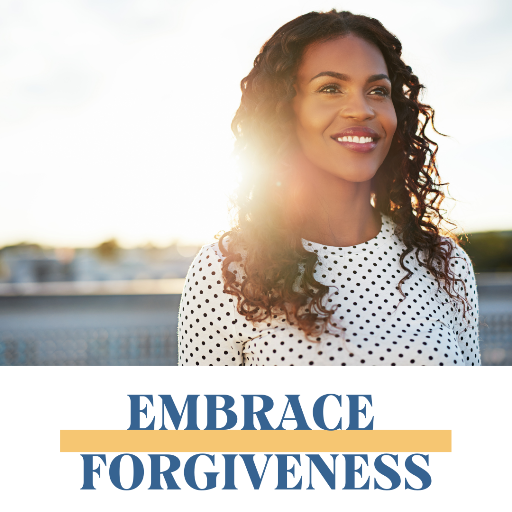 Smiling woman embraces forgiveness.