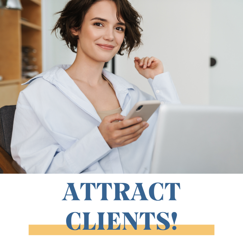 Woman sitting at her desk with her laptop and phone learning how to attract clients as a coach